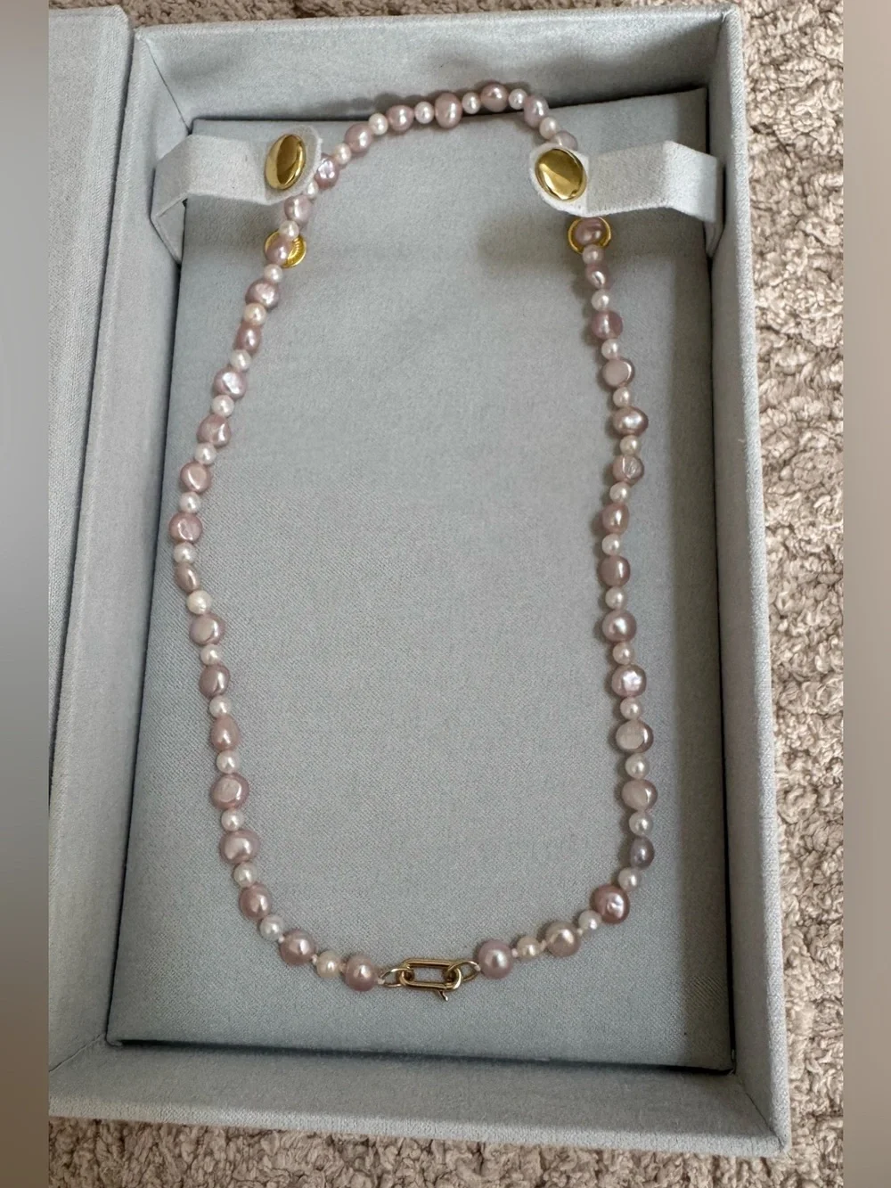 MWOTBaby Gold Blush & White Pearl Necklace With 14K Gold Petite Paper Clip Clasp - Picture 7 of 10